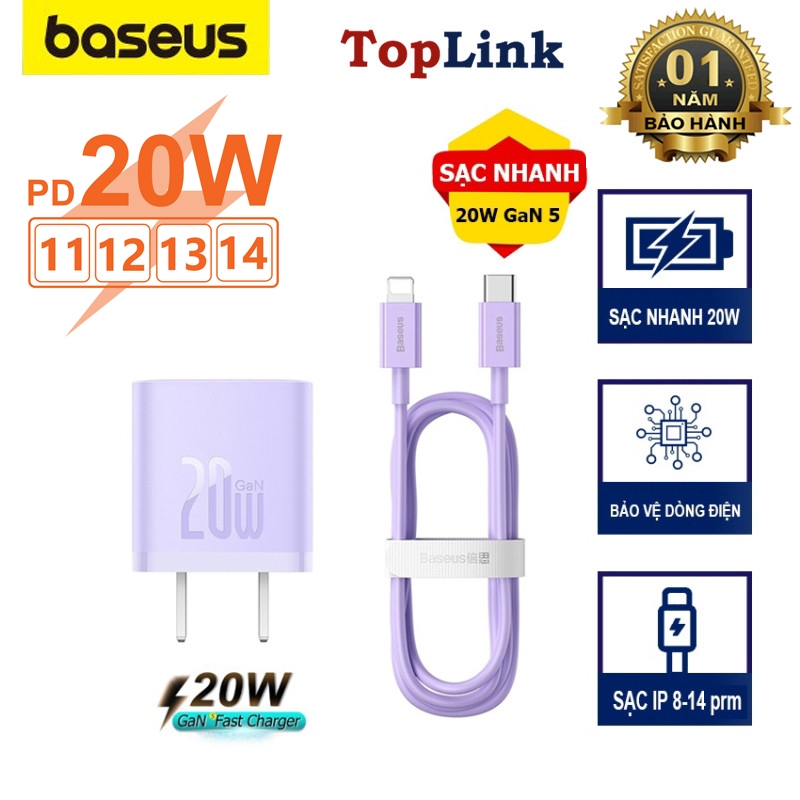 Bộ Sạc Nhanh GaN 5 BASEUS 20W Công Nghệ Cao Fast Charger Cho Điện Thoại IPhone Xsmax,11,12,13,14 Quick Charge, Nhỏ Gọn