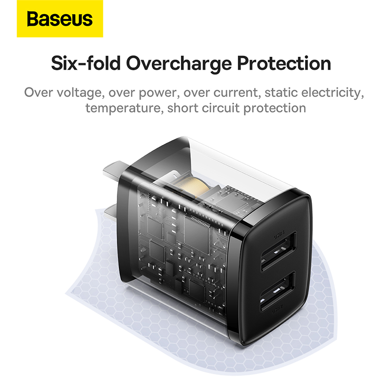 Củ Sạc Nhanh 2 Cổng USB 10.5W BASEUS Compact Charger Nhỏ Gọn, An Toàn, Tương Thích Điện Thoại, Máy Tính Bảng, Quạt Mini