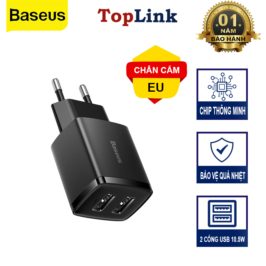 Củ Sạc Nhanh 2 Cổng USB 10.5W BASEUS Compact Charger Nhỏ Gọn, An Toàn, Tương Thích Điện Thoại, Máy Tính Bảng, Quạt Mini