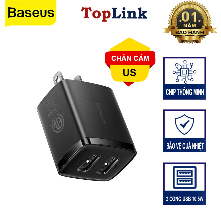 Củ Sạc Nhanh 2 Cổng USB 10.5W BASEUS Compact Charger Nhỏ Gọn, An Toàn, Tương Thích Điện Thoại, Máy Tính Bảng, Quạt Mini