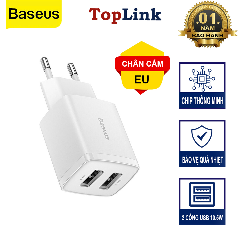 Củ Sạc Nhanh 2 Cổng USB 10.5W BASEUS Compact Charger Nhỏ Gọn, An Toàn, Tương Thích Điện Thoại, Máy Tính Bảng, Quạt Mini