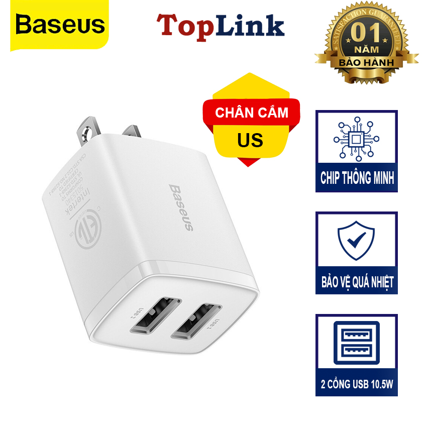 Củ Sạc Nhanh 2 Cổng USB 10.5W BASEUS Compact Charger Nhỏ Gọn, An Toàn, Tương Thích Điện Thoại, Máy Tính Bảng, Quạt Mini