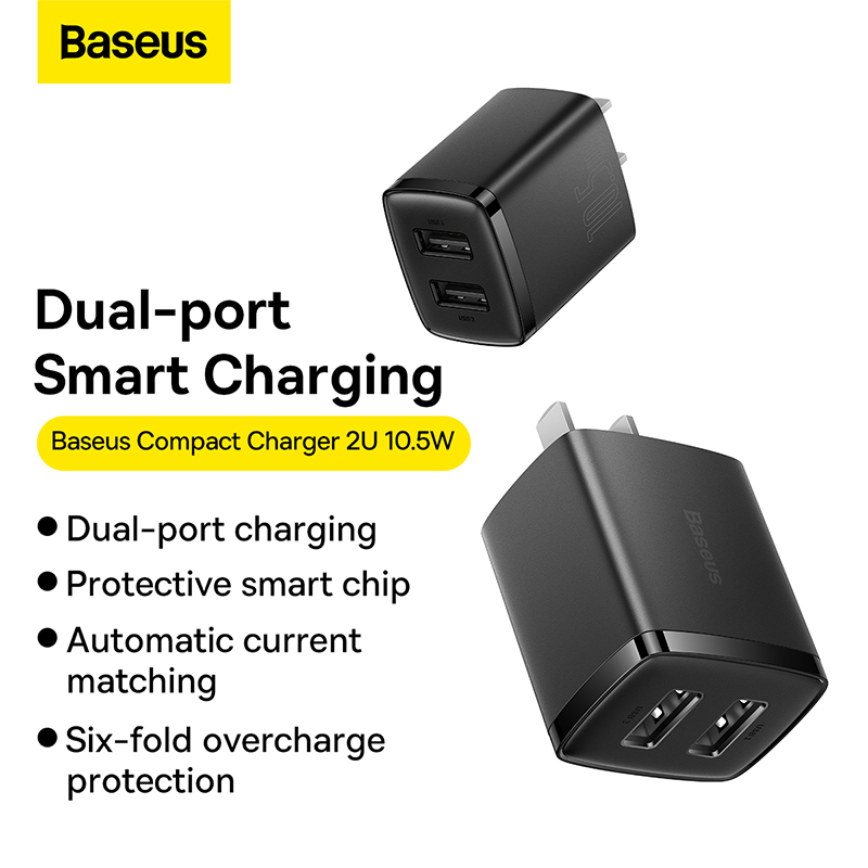 Củ Sạc Nhanh 2 Cổng USB 10.5W BASEUS Compact Charger Nhỏ Gọn, An Toàn, Tương Thích Điện Thoại, Máy Tính Bảng, Quạt Mini