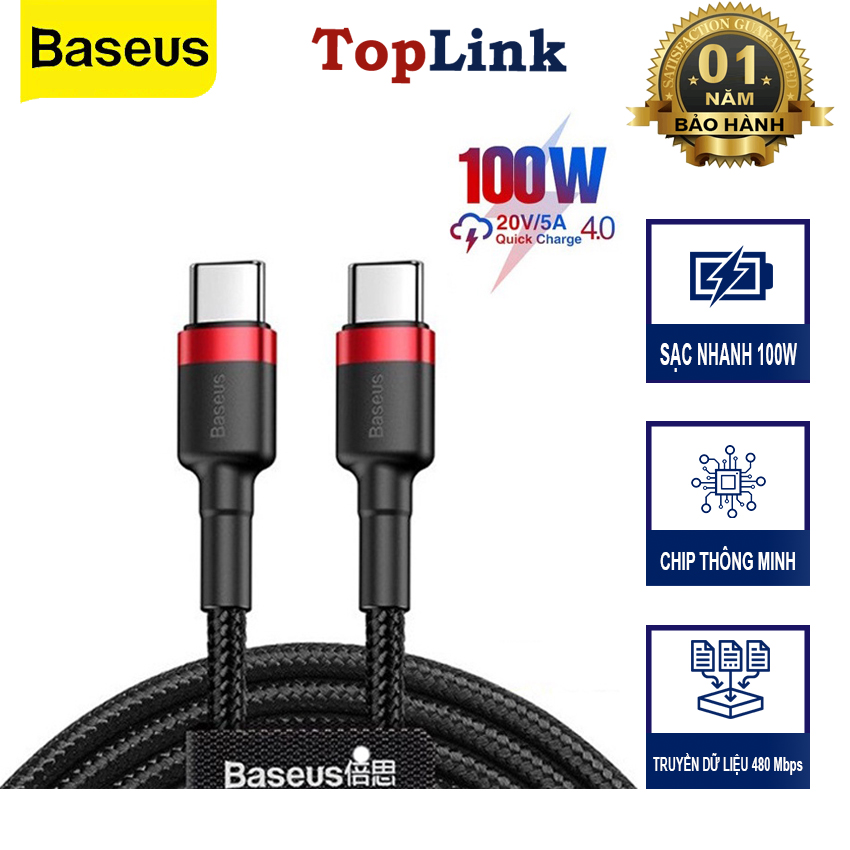 Cáp Sạc Nhanh 100w BASEUS Type C To Type C Quick Charge 4.0 Dây Bọc Dù Cho iPhone 15, iPhone 16, SamSung, Laptop, Oppo...