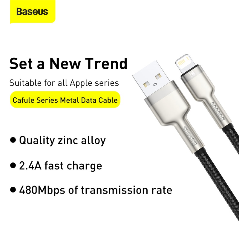 Cáp Sạc 2.4A BASEUS CALJK Đầu Bọc Kim Loại, Dây Bọc Dù Cho iPhone USB Sang Lightning, Truyền Dữ Liệu 480Mbps