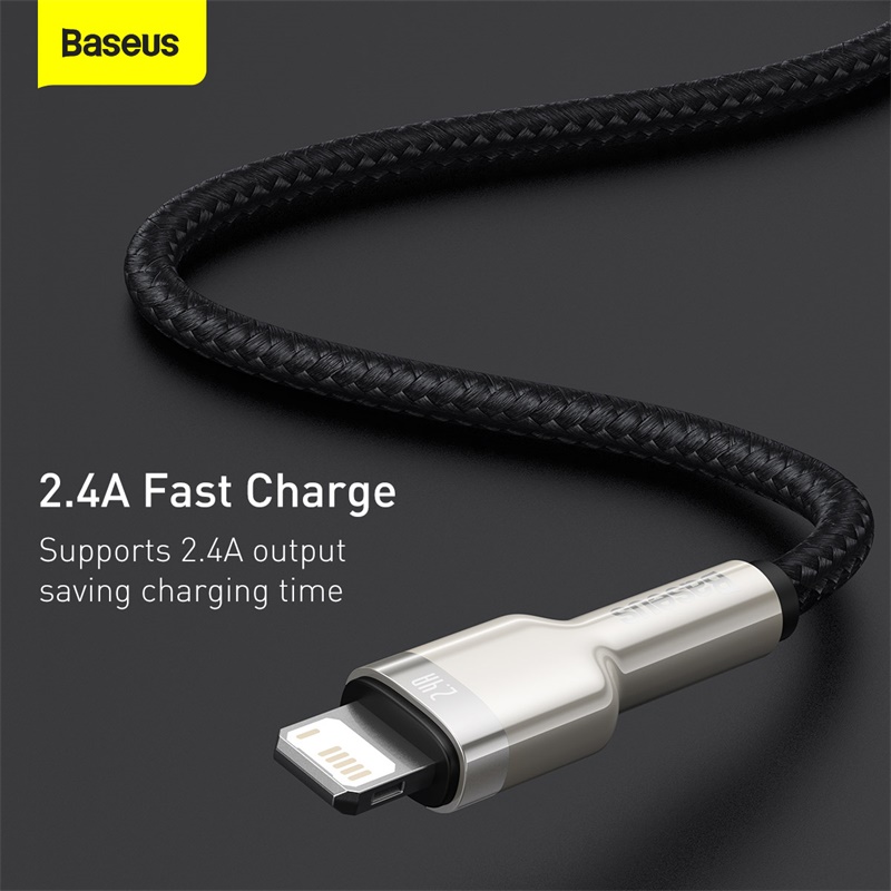 Cáp Sạc 2.4A BASEUS CALJK Đầu Bọc Kim Loại, Dây Bọc Dù Cho iPhone USB Sang Lightning, Truyền Dữ Liệu 480Mbps