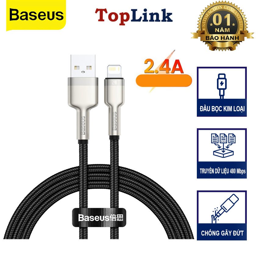 Cáp Sạc 2.4A BASEUS CALJK Đầu Bọc Kim Loại, Dây Bọc Dù Cho iPhone USB Sang Lightning, Truyền Dữ Liệu 480Mbps