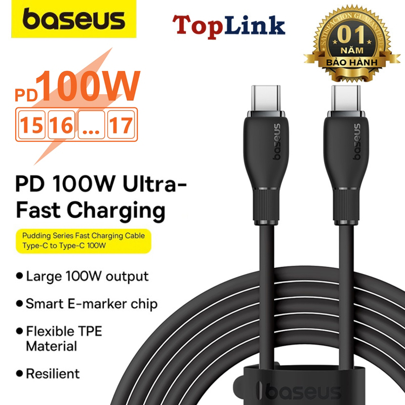 Cáp Sạc Nhanh 100w BASEUS Type C to Type C Pudding Fast Charging Cable Cho iPhone 15 16, SamSung, LapTop, Tablet, Huawei, Xiaomi