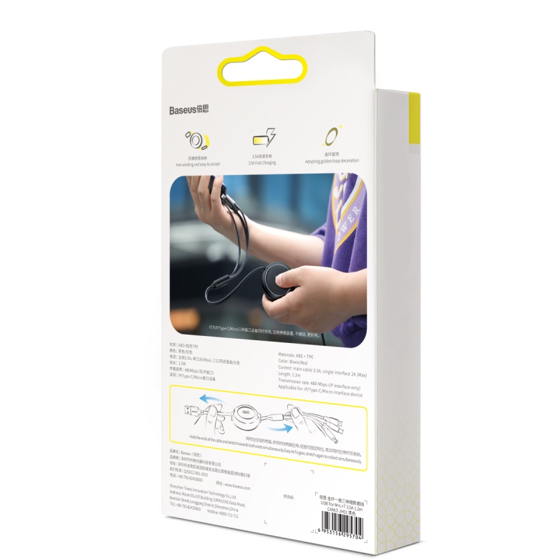Dây Cáp Sạc Điện Thoại 3 Đầu BASEUS 3 in 1 Loại Dây Rút Sạc Điện Thoại Sạc 3.5a Lightning - Type C - Micro