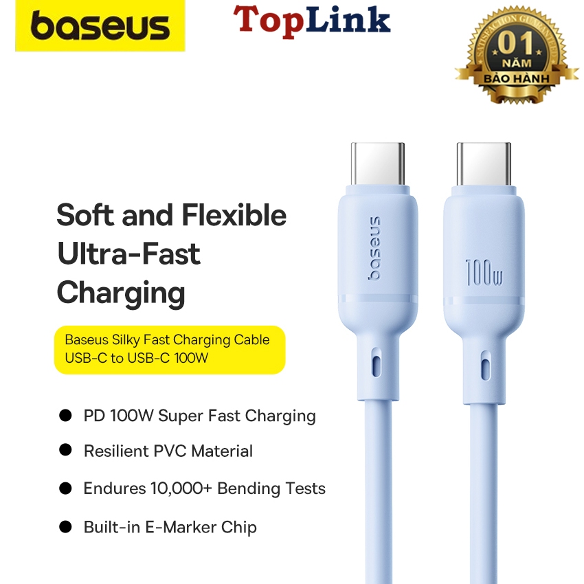 Cáp Sạc Siêu Nhanh 100w BASEUS Type C ra Type C Silky Cho iPhone 15 16 SamSung LapTop Tablet Huawei Xiaomi Truyền Data 480Mbps