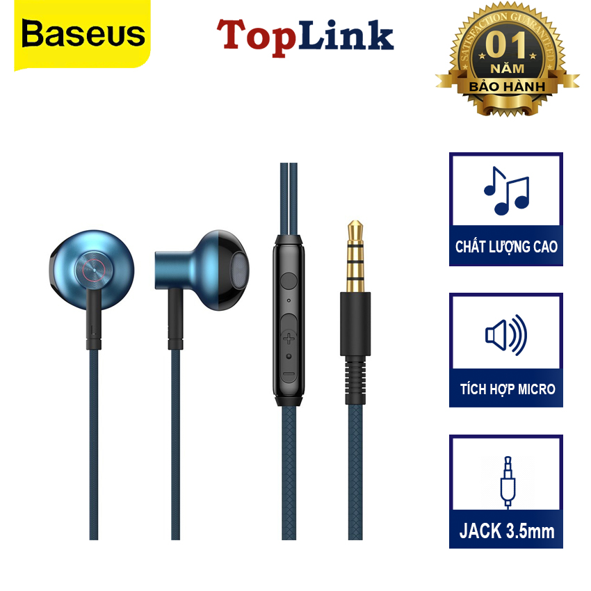 Tai Nghe Dây Có Mic Đàm Thoại BASEUS H19 Jack Cắm 3.5mm Nhét Tai Cách Âm Chống Ồn Âm Thanh Nổi 6D HIFI