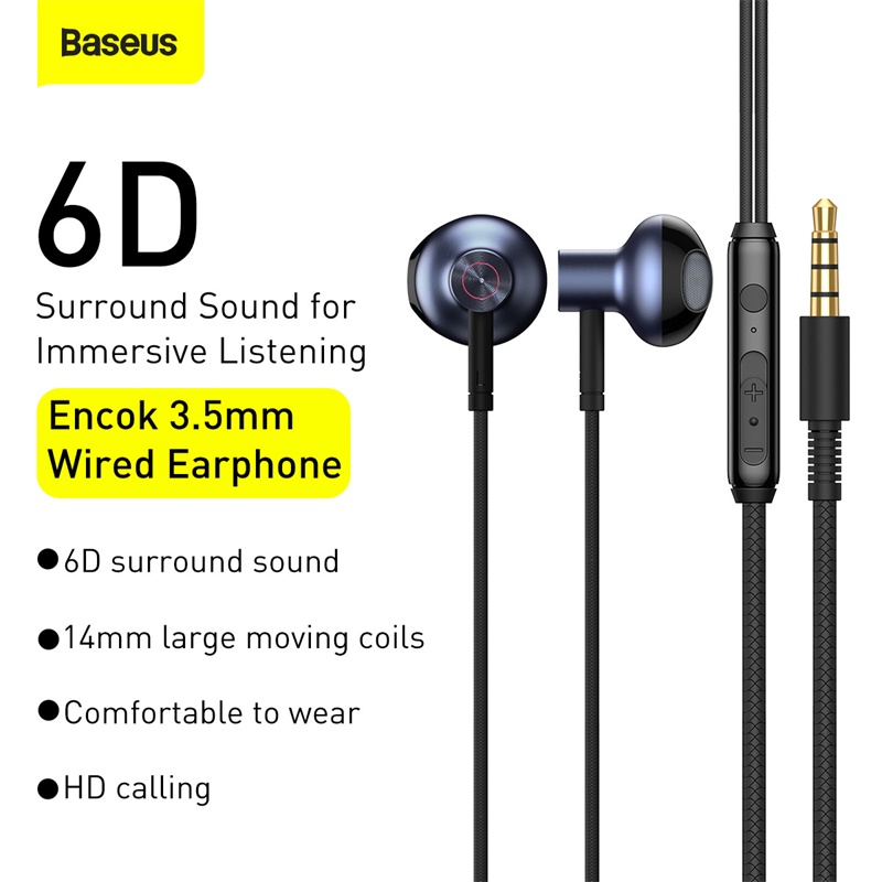 Tai Nghe Dây Có Mic Đàm Thoại BASEUS H19 Jack Cắm 3.5mm Nhét Tai Cách Âm Chống Ồn Âm Thanh Nổi 6D HIFI