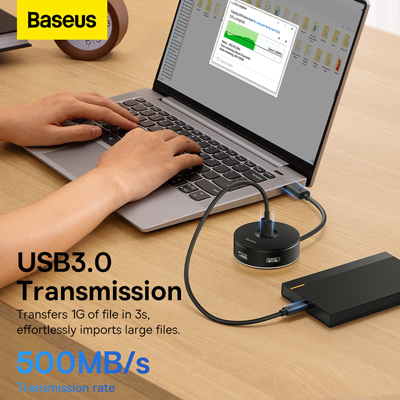 Bộ Chia BASEUS Hub AirJoy Round Box Adapter Type-C Hoặc USB 3.0 To USB 3.01 + USB2.03 Cho Máy Tính, Laptop, Macbook