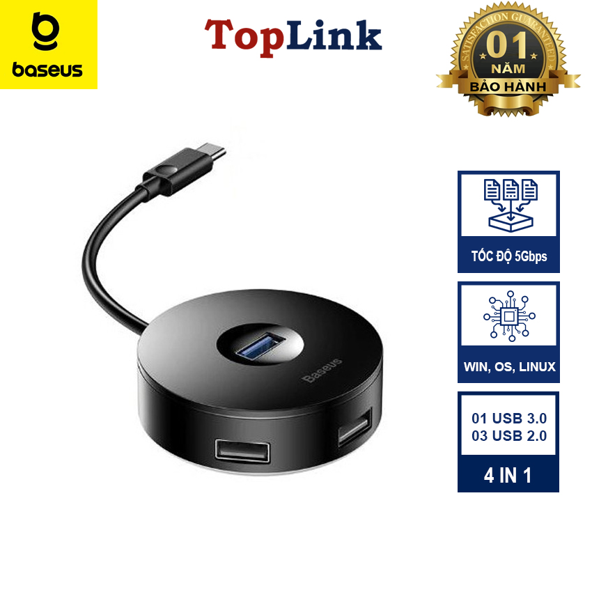 Bộ Chia BASEUS Hub AirJoy Round Box Adapter Type-C Hoặc USB 3.0 To USB 3.01 + USB2.03 Cho Máy Tính, Laptop, Macbook