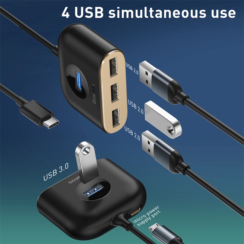 Bộ Chia Cổng USB/ Type C Ra 4 Cổng USB Baseus Square Round  4 in 1 ( Type C/ USB 3.0 to USB3.0*1+USB2.0*3 Smart Adapter)