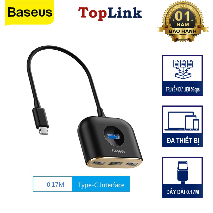 Bộ Chia Cổng USB/ Type C Ra 4 Cổng USB Baseus Square Round  4 in 1 ( Type C/ USB 3.0 to USB3.0*1+USB2.0*3 Smart Adapter)