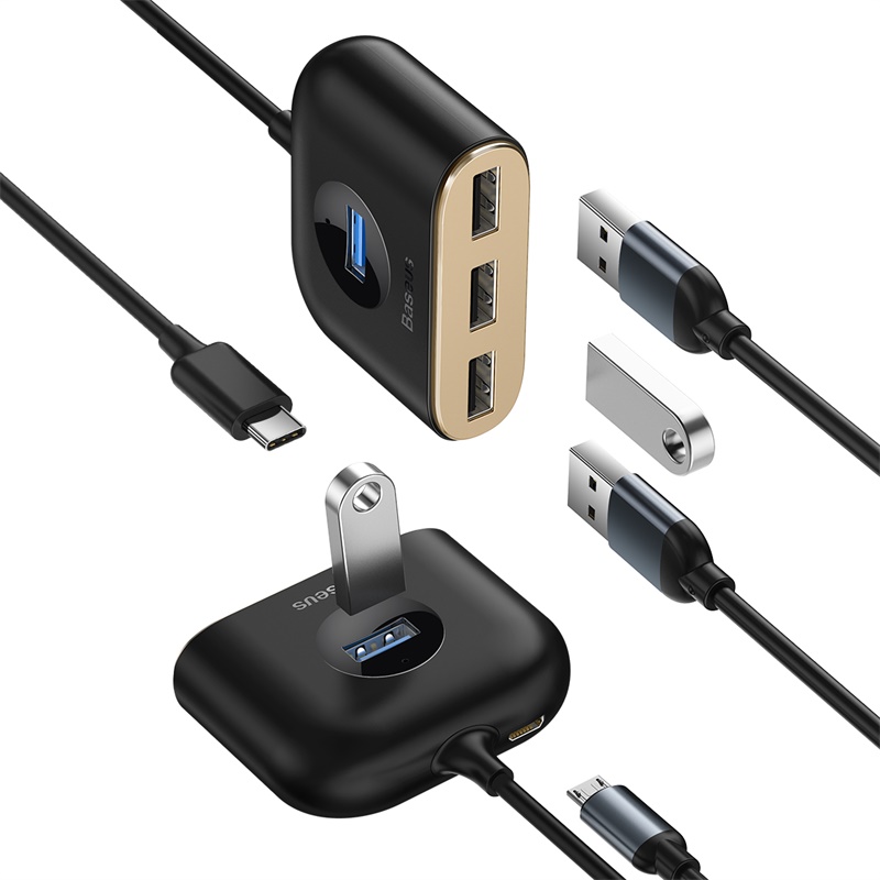 Bộ Chia Cổng USB/ Type C Ra 4 Cổng USB Baseus Square Round  4 in 1 ( Type C/ USB 3.0 to USB3.0*1+USB2.0*3 Smart Adapter)