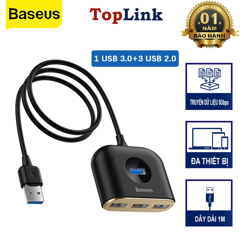 Bộ Chia Cổng USB/ Type C Ra 4 Cổng USB Baseus Square Round  4 in 1 ( Type C/ USB 3.0 to USB3.0*1+USB2.0*3 Smart Adapter)