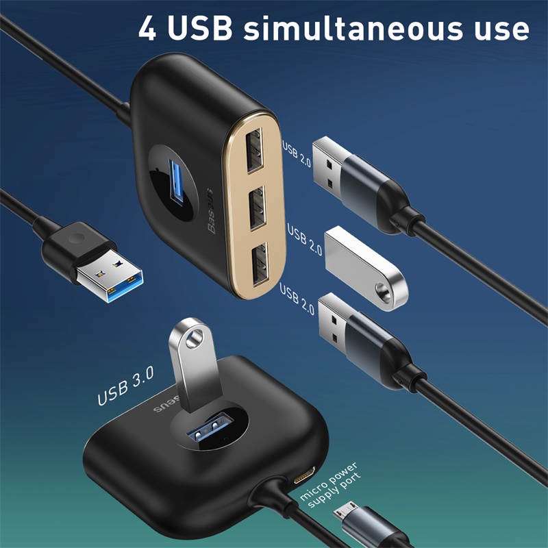Bộ Chia Cổng USB/ Type C Ra 4 Cổng USB Baseus Square Round  4 in 1 ( Type C/ USB 3.0 to USB3.0*1+USB2.0*3 Smart Adapter)