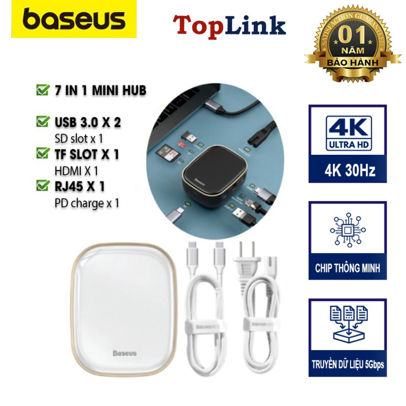 Bộ Chia Hub Đa Năng 7 IN 1 BASEUS Type C Hub Adapter AC Multifunctional Charger USB 3.0*2 / HDMI / Type-C / RJ45 / SD/TF