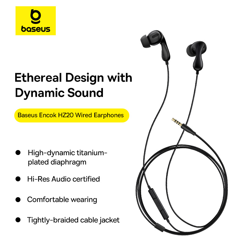 Tai Nghe Có Dây BASEUS HZ20 Chân Cắm 3.5mm Âm Thanh Hi-Res Nhét Tai Có Mic Đàm Thoại Thiết Kế Công Thái Học Cách Âm Chống Ồn Chất Lượng Cao
