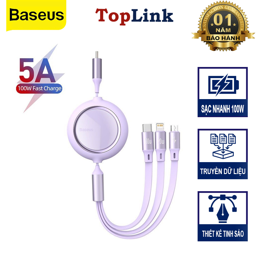Cáp Sạc Nhanh 100W Rút 3 Đầu BASEUS CAMJ010201 Cổng Type C ra Lightning, Micro, Type C Sạc Nhanh Cho Điện Thoại, LapTop, iPhone, Ipad