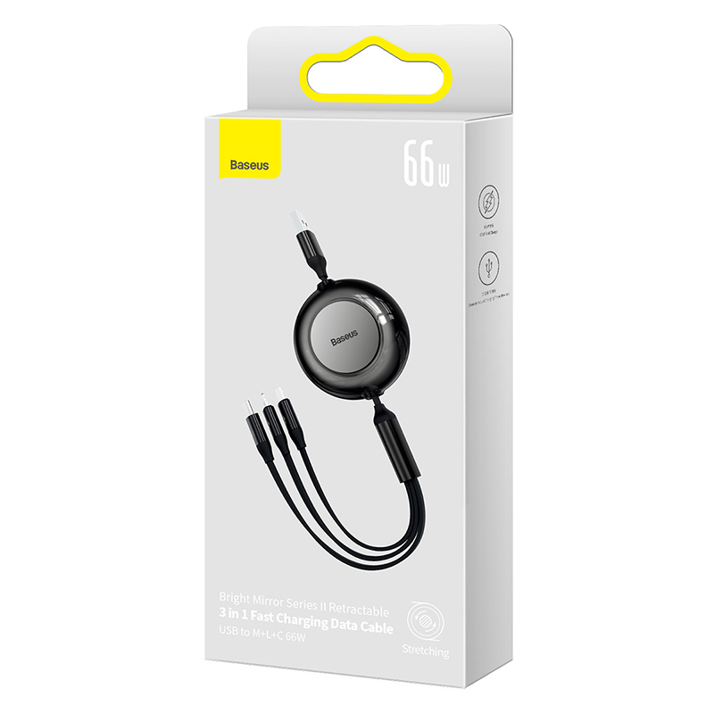 Cáp Sạc Điện Thoại Dây Rút 3 Đầu 3 in 1 BASEUS Sạc Nhanh 66W Lightning-Micro-Type C