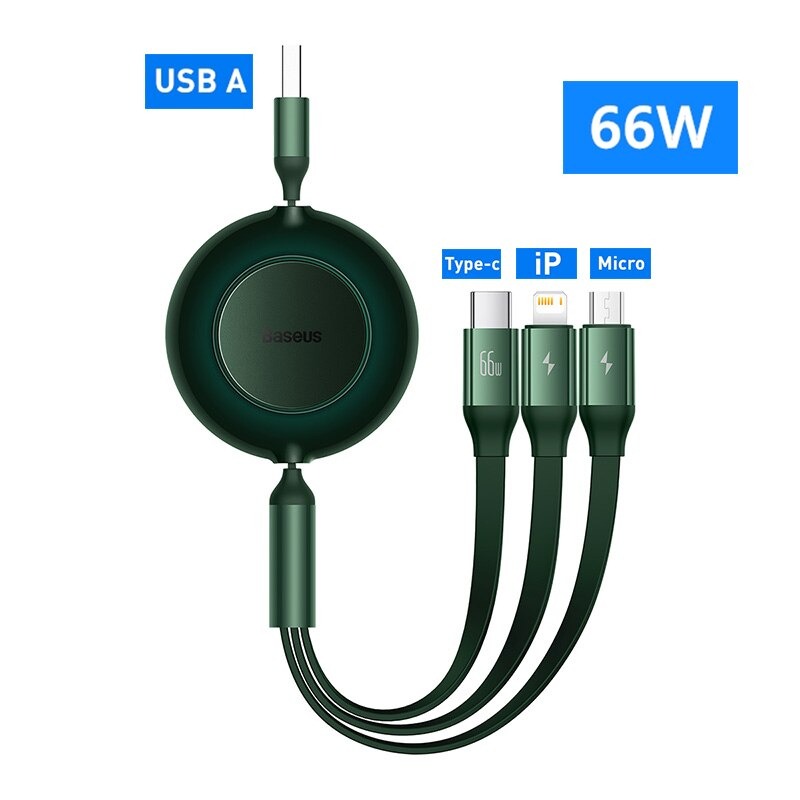 Cáp Sạc Điện Thoại Dây Rút 3 Đầu 3 in 1 BASEUS Sạc Nhanh 66W Lightning-Micro-Type C