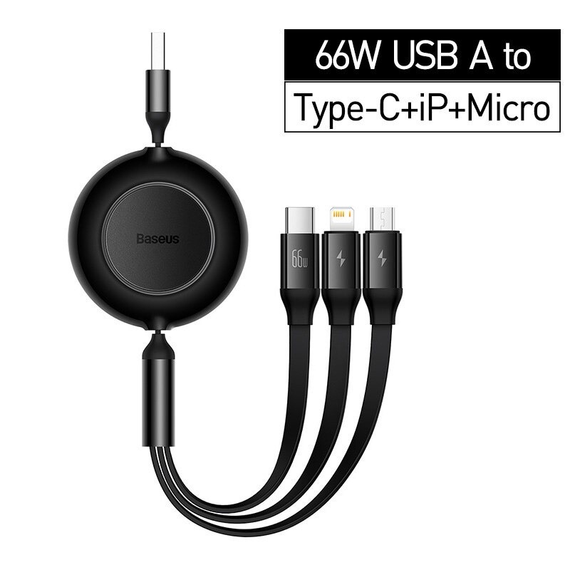 Cáp Sạc Điện Thoại Dây Rút 3 Đầu 3 in 1 BASEUS Sạc Nhanh 66W Lightning-Micro-Type C
