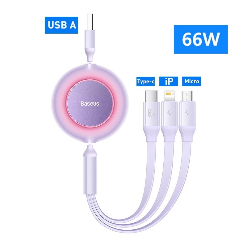 Cáp Sạc Điện Thoại Dây Rút 3 Đầu 3 in 1 BASEUS Sạc Nhanh 66W Lightning-Micro-Type C
