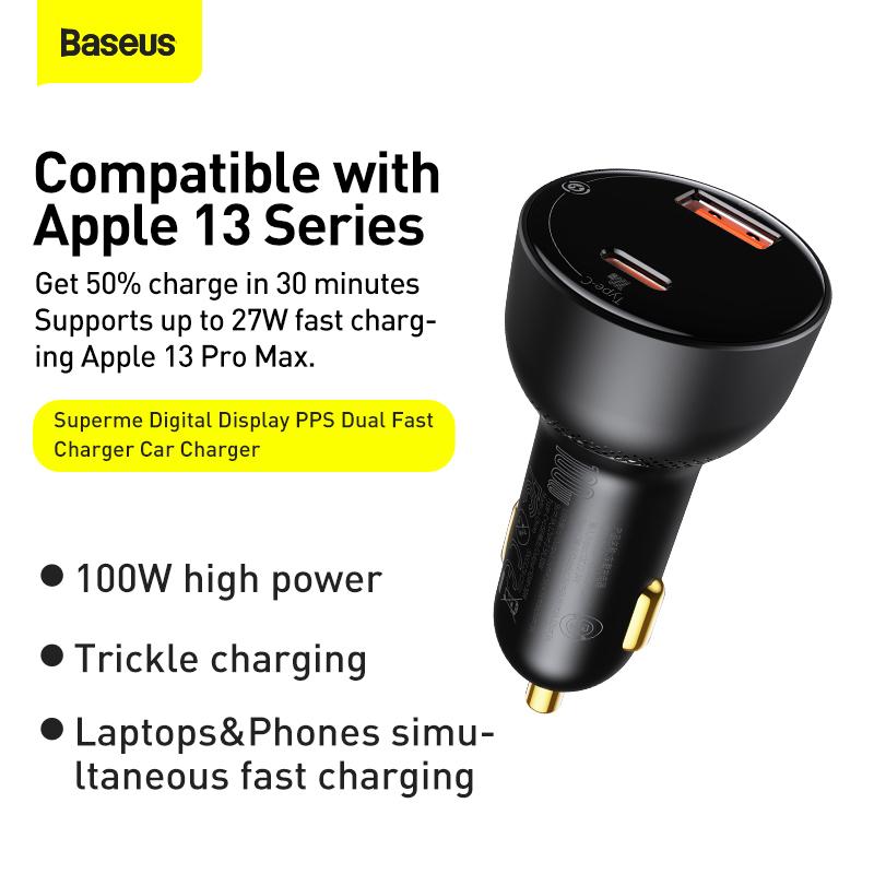 Tẩu Sạc Nhanh Ô Tô 100w BASEUS  1 Cổng USB 1 Cổng PD Công Nghệ Sạc Nhanh Quick Charge QC 3.0 Sạc Đa Thiết Bị, Công Suất Mạnh Mẽ, An Toàn Cho Mọi Chuyến Đi