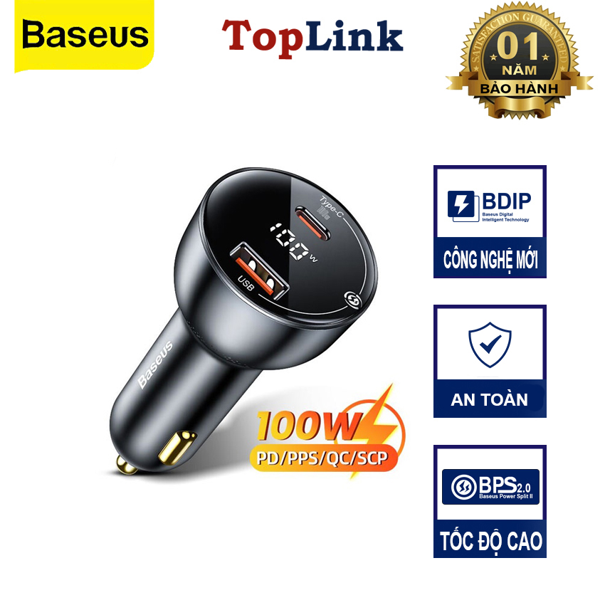 Tẩu Sạc Nhanh Ô Tô 100w BASEUS  1 Cổng USB 1 Cổng PD Công Nghệ Sạc Nhanh Quick Charge QC 3.0 Sạc Đa Thiết Bị, Công Suất Mạnh Mẽ, An Toàn Cho Mọi Chuyến Đi
