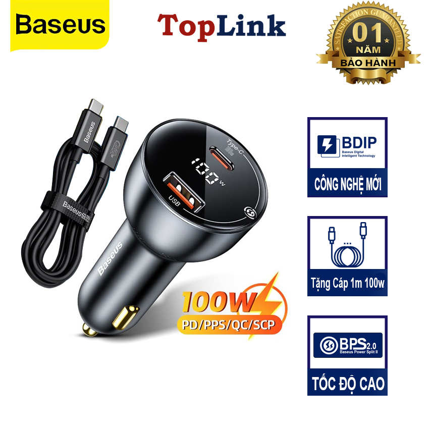 Tẩu Sạc Nhanh Ô Tô 100w BASEUS  1 Cổng USB 1 Cổng PD Công Nghệ Sạc Nhanh Quick Charge QC 3.0 Sạc Đa Thiết Bị, Công Suất Mạnh Mẽ, An Toàn Cho Mọi Chuyến Đi
