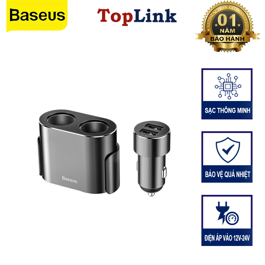 Bộ Chia Tẩu Sạc Trên Xe Ô Tô Baseus CRDYQ 12 V-24V Tích Hợp 2 Cổng USB Sạc Nhanh Công Suất 100w Dây Dài 60cm Phù Hợp Mọi Loại Xe