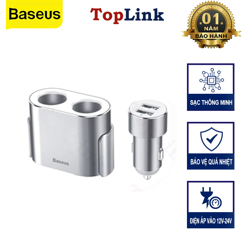 Bộ Chia Tẩu Sạc Trên Xe Ô Tô Baseus CRDYQ 12 V-24V Tích Hợp 2 Cổng USB Sạc Nhanh Công Suất 100w Dây Dài 60cm Phù Hợp Mọi Loại Xe