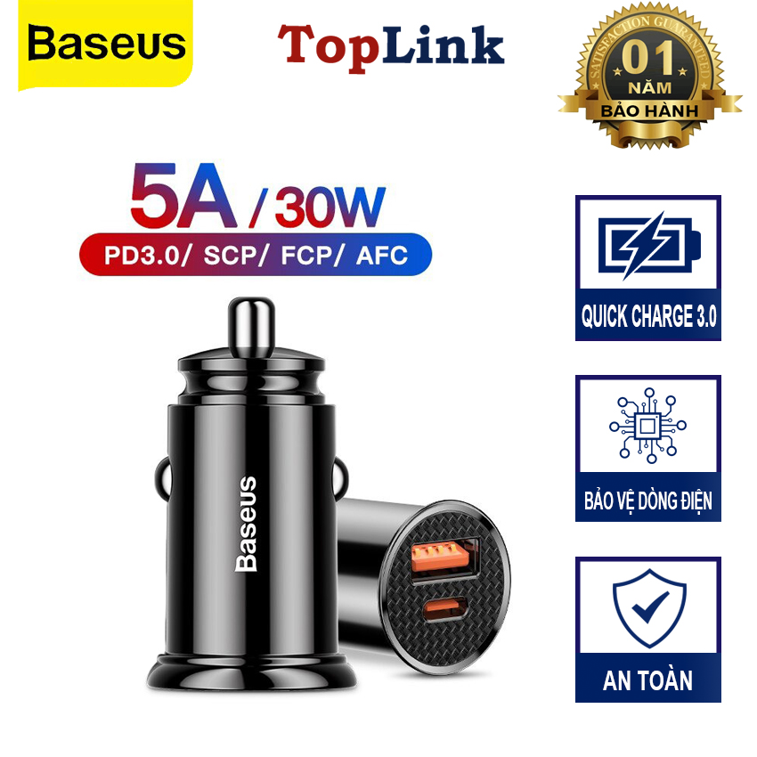 Tẩu Sạc Nhanh 30W BASEUS CCALL-YS01 1 Xe Hơi, Ô Tô Cổng USB 1 Cổng Type C PD Tích Hợp QC 3.0, QC 4.0, PD 3.0