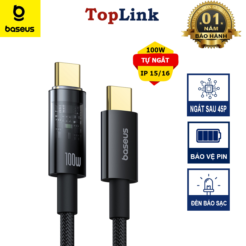 Cáp Sạc Nhanh Tự Ngắt 100W BASEUS PD  Type C to Type C Thông Minh Auto Shutdown Bọc Dù Cho IPhone 15 16 17 SamSung Huawei Xiaomi Nintendo