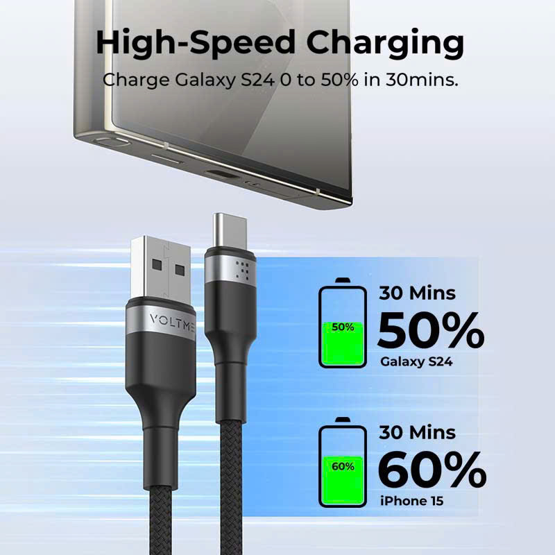 Cáp Sạc Nhanh USB to Type-C QC 3.0 VOLTME Sạc Galaxy S24 50% Trong 30 Phút Truyền Dữ Liệu 480Mbps Bọc Dù Siêu Bền