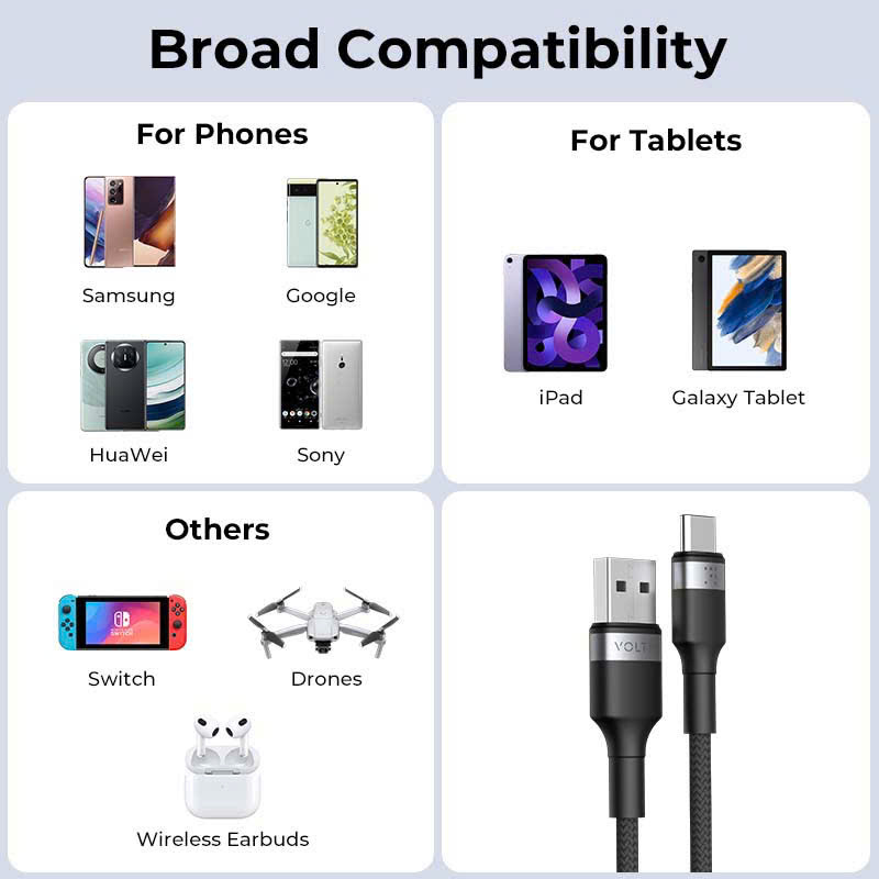 Cáp Sạc Nhanh USB to Type-C QC 3.0 VOLTME Sạc Galaxy S24 50% Trong 30 Phút Truyền Dữ Liệu 480Mbps Bọc Dù Siêu Bền