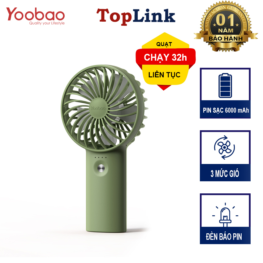 Quạt Tích Điện YOOBAO F3 3000mAh - 6000mAh Cầm Tay Pin Trâu 32h Sử Dụng, Với 3 Tốc Độ Gió, Có Đèn Báo Pin, Thiết Kế Nhỏ Ngọn