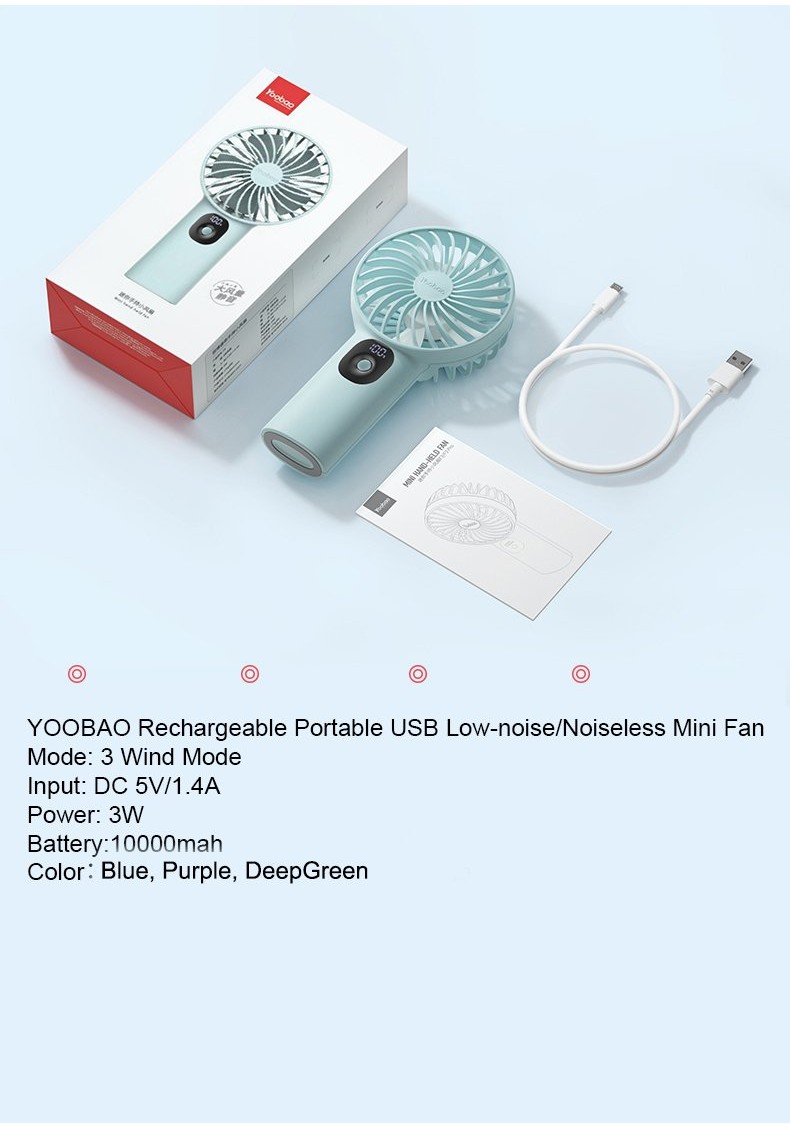 Quạt Mini YOOBAO F3PL Pin 10.000mAh Cầm Tay Để Bàn Tiện Lợi, 3 Cấp Gió, Sử Dụng 36h, Hiển Thị Dung Lượng Pin