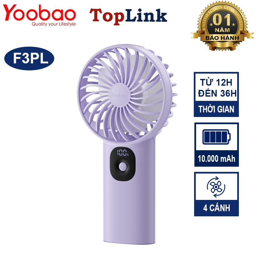 Quạt Mini YOOBAO F3PL Pin 10.000mAh Cầm Tay Để Bàn Tiện Lợi, 3 Cấp Gió, Sử Dụng 36h, Hiển Thị Dung Lượng Pin