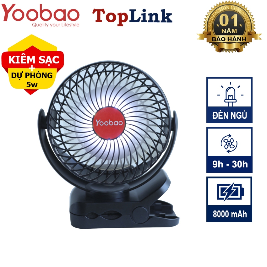 Quạt Kẹp Tích Điện Mini YOOBAO F8 Để Bàn Kiêm Sạc Dự Phòng F8 3 in 1 Có Đèn Led Pin 8000 mAh Dùng 9-30h Liên Tục